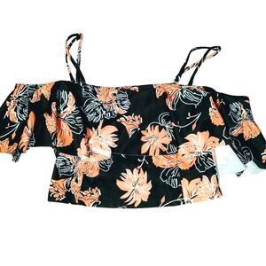 MARINAVIDA Floral Print Cropped Tankini Swim Top Black SZ S